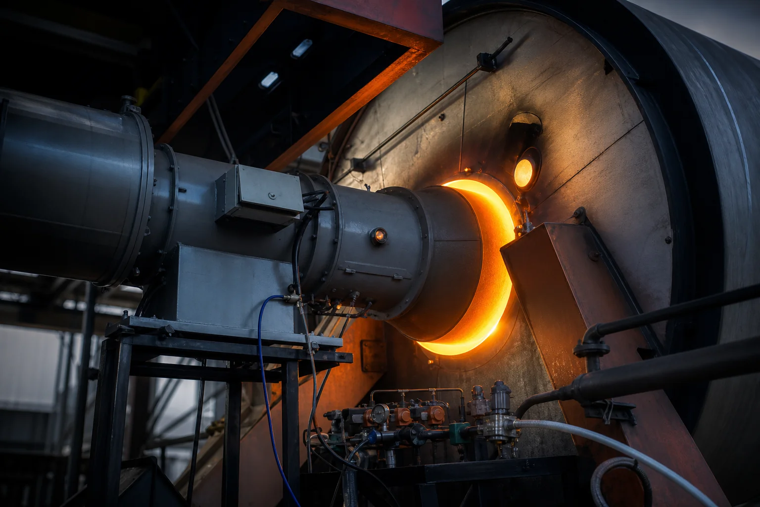 Queimador de secador industrial em operação controlada
