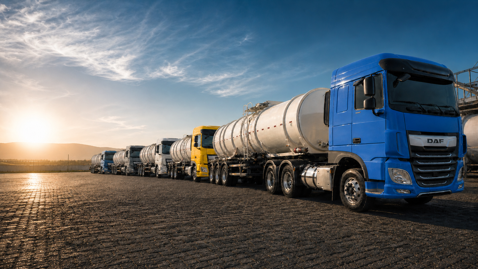 Frota de caminhões-tanque da Petro Oil alinhada em uma base industrial