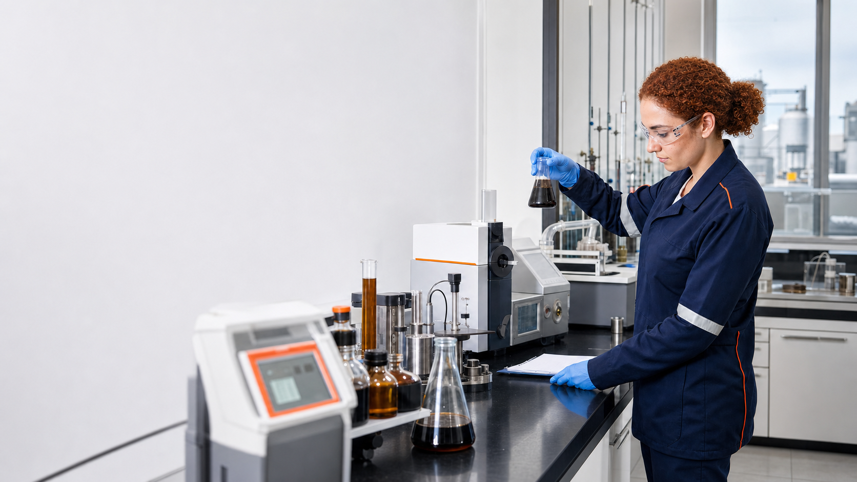 Profissional analisando uma amostra de óleo combustível no laboratório de controle de qualidade