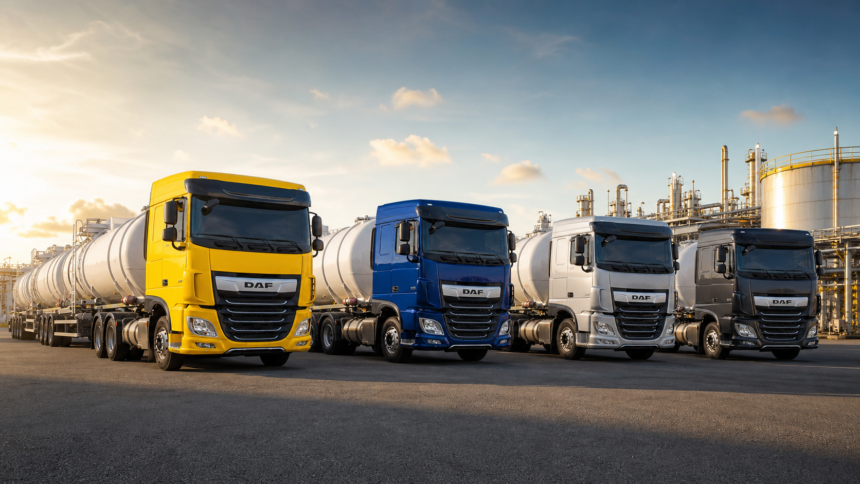 Frota própria com caminhões DAF e carretas-tanque alinhados em uma base industrial
